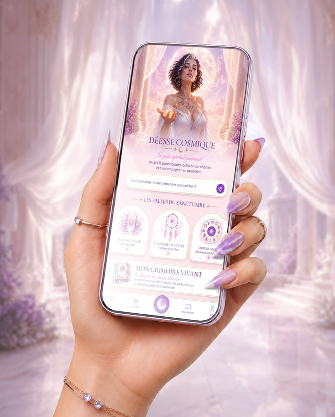L'application Déesse Cosmique dans un smartphone tenu par une main, avec Vision Cosmique et les salles du Sanctuaire