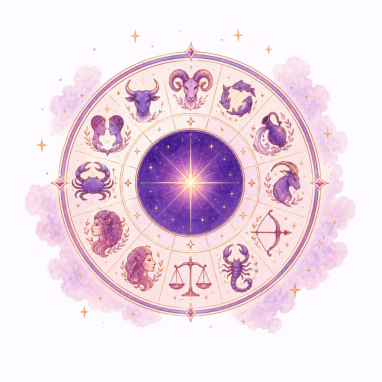 Roue astrologique illustrée avec les douze signes, symbole de l'Observatoire