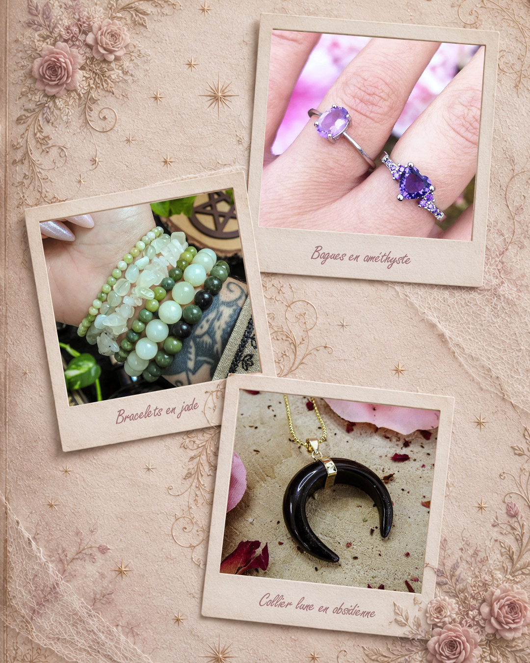 Souvenirs des box Déesse Cosmique : bagues en améthyste, bracelets en jade et collier lune en obsidienne